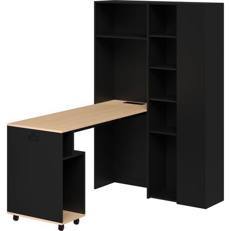 Escritorio plegable 2 en 1 con estantería MDF negro y efecto madera HOMVRA (1/5)