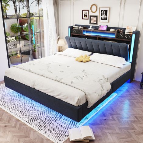Polsterbett 140200 mit LED-Beleuchtung und USB-Steckdose, Kopfteil mit Stauraum, Schwebebett Jugendbett Erwachsenenbett, Leinenstoff, Grau
