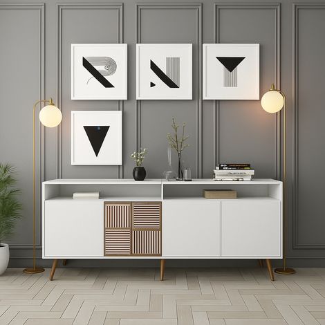 Sideboard Benjamin, 2 Einlegeböden, 6 Fächer, 4 Türen, 180x35x79h cm Weiß (1/5)