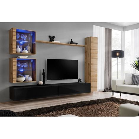 Ensemble mural - Switch XVIII - 2 vitrines LED - 1 vitrine verticale - 2 bancs TV - 1 étagère - Bois et noir - Modèle 1 - Livraison gratuite