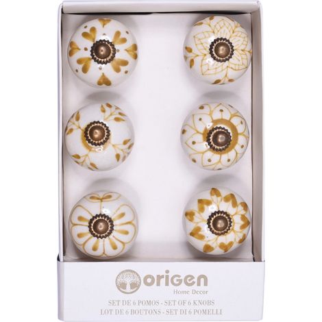 Möbelknöpfe aus weißer Keramik mit goldenen Motiven 6er Set (1/2)