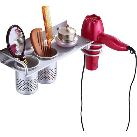 Soporte de pared para secador de pelo de baño, soporte de pared con tornillos, soporte para plancha de pelo, soporte de aluminio con clips para cable para peluquería de dormitorio