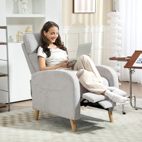 Sillón Relax Reclinable Tapizado en Lino Sintético con Reposapiés y Bolsillo Lateral Carga 135 kg Gris Claro (1/5)