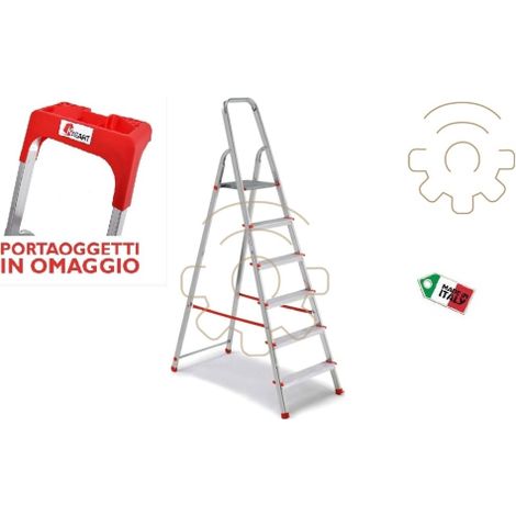 E'chelle d'e'chelle Kasart a' usage domestique avec 4 marches en aluminium capacite' 150 kg avec e'tage're fabrique'e en Italie certifie'e EN 131 Alluminio/Rosso 4 gradini