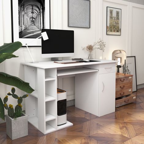 Bureau informatique table d'ordinateur multimédia multi-rangements avec étagère tiroir tablette clavier MDF 120x60x74 cm blanc
