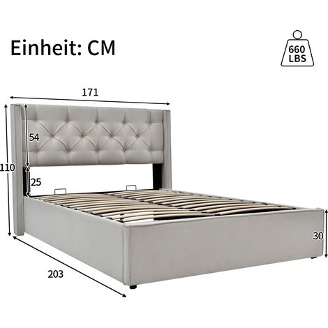 Cadre de lit moderne gris clair 160x200cm avec rangement intégré, sommier métallique à lattes, lit double hydraulique en coton (1/4)