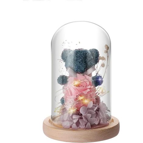 Rose Eternelle sous Cloche - Ours en Rose avec Lumière LED, Cadeau Femme, Maison Décoration, Cadeau pour Noël, Mariage, Anniversaire, Fête des Mères, Cadeau pour Maman (1/5)