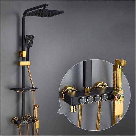 Ensemble de douche mitigeur thermostatique intelli Ensemble de douche numérique chaud et froid robinet système de douche de salle de bains robinet de douche en or noir pommeau de douche carré système (1/5)