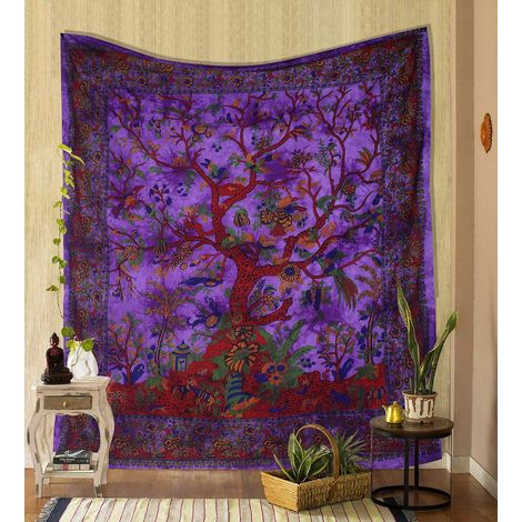 Tapis mural Arbre de Vie Violet Psychédélique 200x150cm, Coton Indien, Couvre-lit Double, Décor de Plafond et Mur, Nappe de Pique-nique Artistique (1/5)