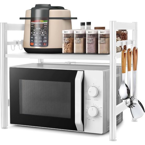 Kitchen Microwave Shelves Rack Microwave Oven Rack Extendable Kitchen Microwave Shelf with 6 Hanging Hooks Storage Organizer (White) (1/5)