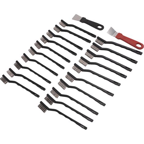 Ensemble de 20 mini-brosses métalliques à manche courbé en acier inoxydable pour le nettoyage des scories de soudure, avec 2 grattoirs. (1/5)