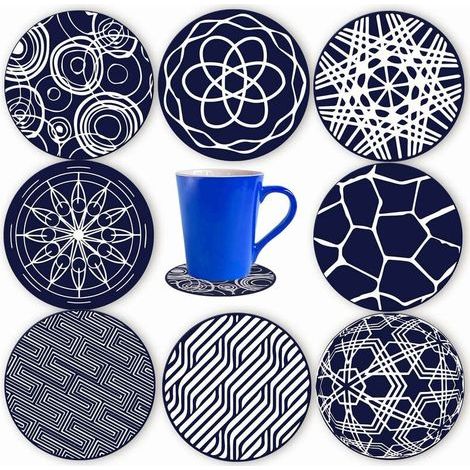 Set of 8 round blue silicone coasters, 10 cm (1/5)