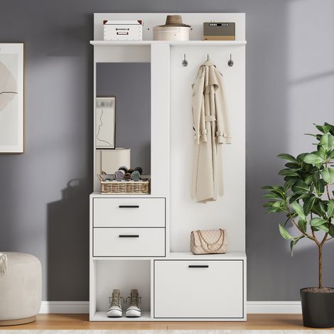 CHICFURN Vestidor de entrada 90x30x180 cm en MDF blanco con espejo, 2 cajones y 3 ganchos (1/5)