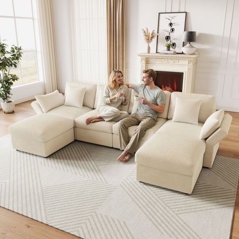 Canapé d’angle en U modulable 6 places 290 x 159,5 x 89 cm avec accoudoirs réglables, 2 poufs amovibles, velours côtelé - Beige (1/5)