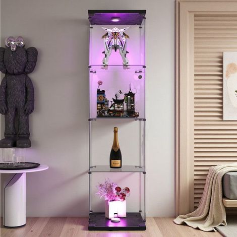Vitrine aus langlebigem Glas - 4 Etagen - LED-Beleuchtung - Staubgeschützt - Einfache Montage