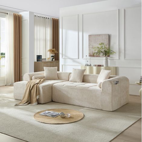 Canapé d'angle en tissu beige, 263 cm, avec assise en mousse et ressorts, dossier ergonomique, accoudoirs arrondis et poche porte-revues, idéal pour le salon – CHICFURN (1/5)