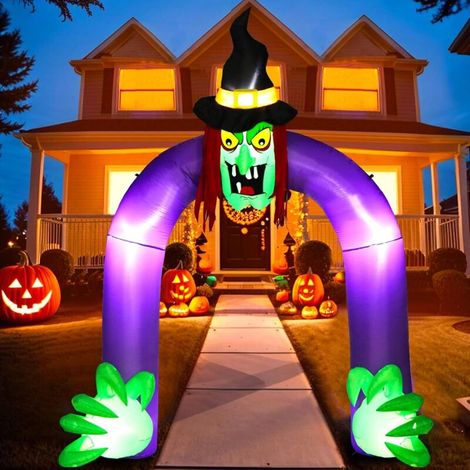 Arco inflable de Halloween de 2,7 m, decoración para exteriores, arco de bruja inflable aterrador con luces LED, decoración de jardín inflable para fiestas, jardín, patio y césped. (1/4)