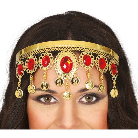 Fascia per capelli gitana con monete e pietre rosse