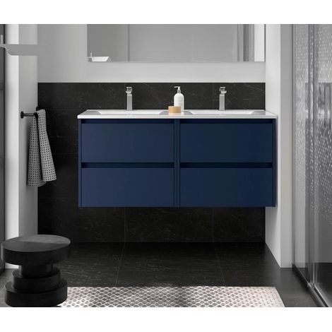Noja meuble bas 1200 4 tiroirs + lavabo Bleu Satin (1/4)