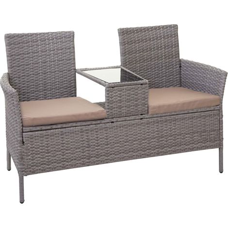 Banc en polyrotin avec table fauteuils chaises de jardin 132cm gris coussin crème 040001140 (1/4)