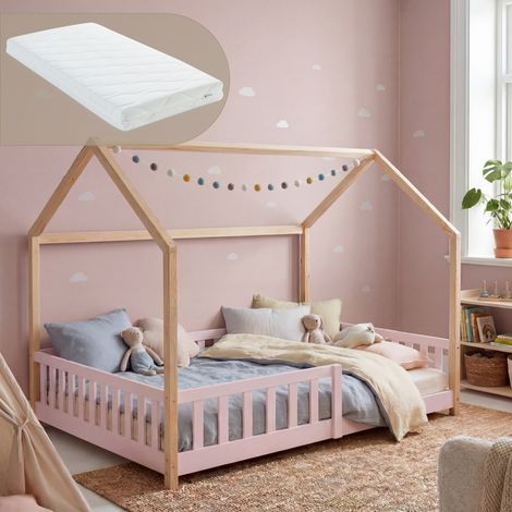Hausbett Hesel mit Matratze und Rausfallschutz 120x200 cm Rosa/Natur [en.casa] (1/5)