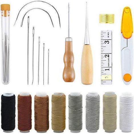 Outils de couture pour le cuir : 29 pièces, alêne, aiguilles à percer, fil à coudre, accessoires et fils de réparation. (1/5)