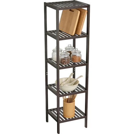 Étagère étroite en bambou à 5 niveaux pour salle de bain, avec étagères à lattes, support pour plantes en bois naturel, porte-serviettes sur pied, étagère d'angle pour salle de bain, entrée, chambre, (1/5)