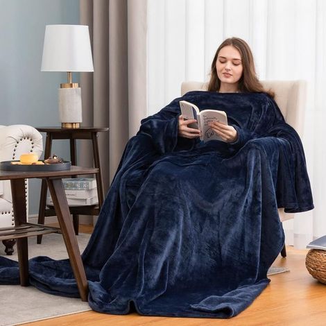Couverture TV avec manches et poche, couverture à porter duveteuse, douce et chaude, confortable et confortable pour femme et homme en cadeau, 170x120cm, Bleu marine (1/4)