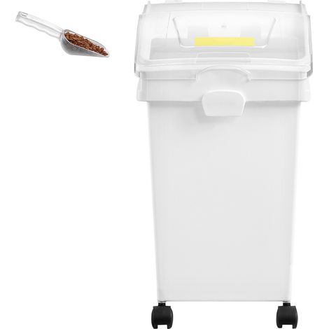 Mophorn Juego de contenedores para almacenar ingredientes de 5,5 galones de , 3 piezas, contenedores para harina de material PP con ruedas, estante blanco, uso comercial, tapa deslizante y pala, color