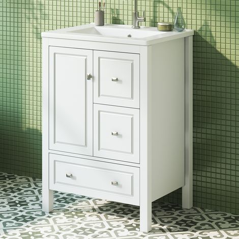Modernluxe - Meuble de salle de bain sur pied avec vasque en céramique - 3 tiroirs et 1 porte - Finition laquée - MDF - Blanc (1/5)