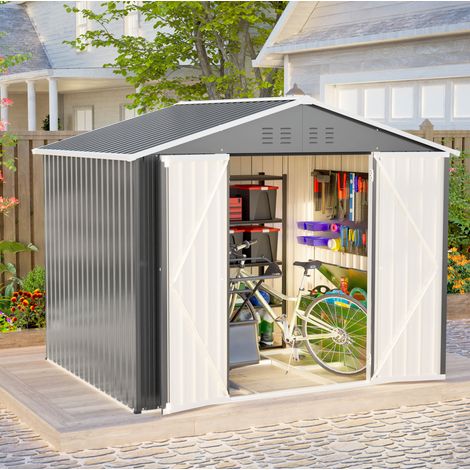 Caseta de jardín metálica gris de 229,4x180x192,3 cm con puerta abatible ancha y estructura estable (1/5)