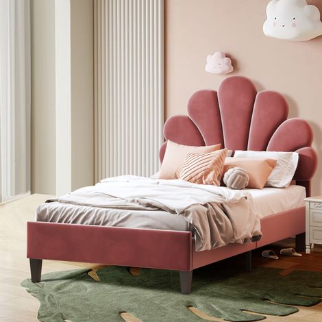 Cama infantil 90x200 cm, cama individual acolchonada - con somier a lattes, cabecero floral, revestimiento de terciopelo, para niños y adolescentes - Rojo Frijol (1/5)