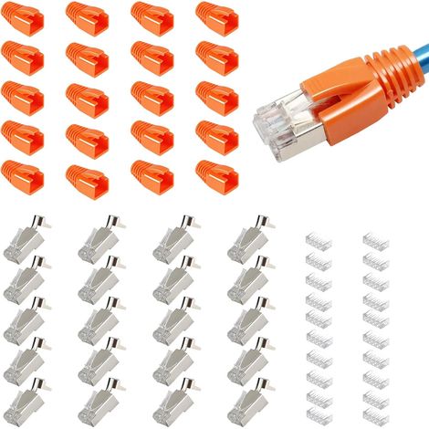 Lot de 20 Connecteurs RJ45 Cat7 Cat6A, 10Gbps Fiche LAN avec Protection Anti-Torsion et Aide à l’Enfilage, Connecteurs Réseau Pass Through RJ45 pour Câbles Réseau AWG23 (1/5)