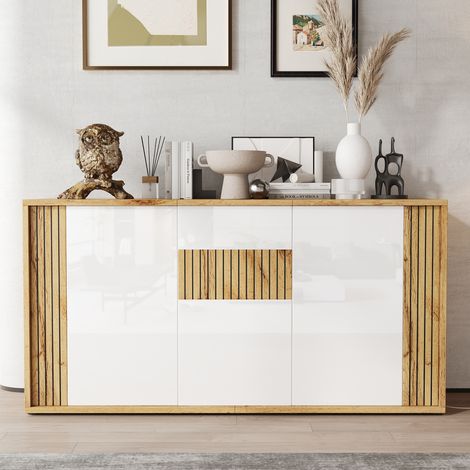 Buffet bas 140 cm, enfilade meuble de rangement 3 portes push-to-open laqué brillant, motif strié, style moderne, salon entrée, blanc et bois (1/5)