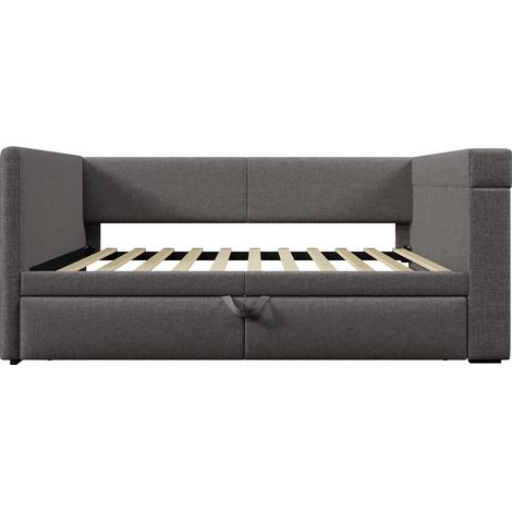 Lit banquette capitonné 90x200 cm avec lit gigogne, USB Type-C, gris (1/5)