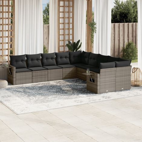 Ensemble modulable salon jardin gris résine tressée - 10 sièges avec housses amovibles, rangement intégré et table d'appoint Capacité 110kg/siège (1/3)
