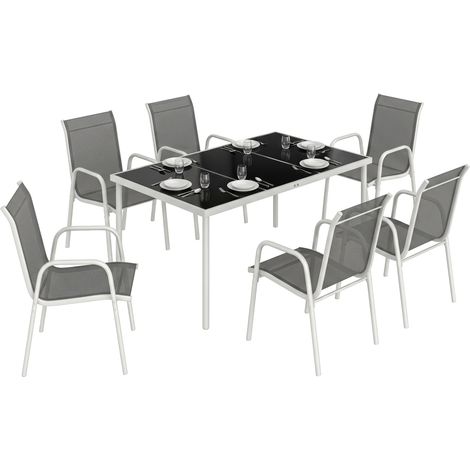 Outsunny conjunto de mesa y sillas jardín de 7 piezas con mesa de vidrio templado, 6 sillas apilables transpirables, marco de metal resistente, gris (1/5)