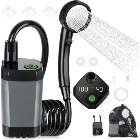 Douche de camping portable, pompe de douche rechargeable de 6000 mAh avec affichage LED intelligent, 4 jets, étanche (IPX7) pour la randonnée, les voyages, etc. (1/5)