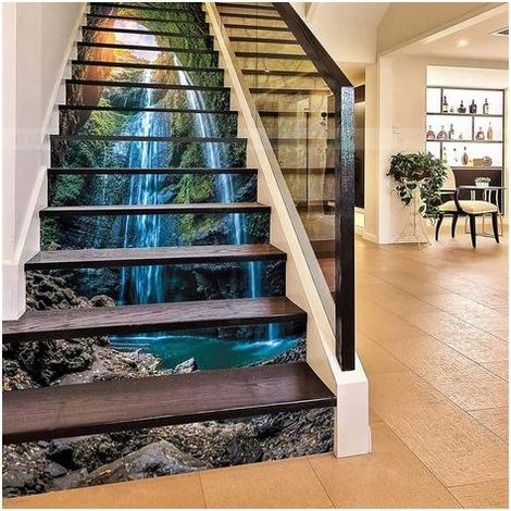 13 autocollants 3D pour contremarches d'escalier en cascade de forêt profonde (1/5)