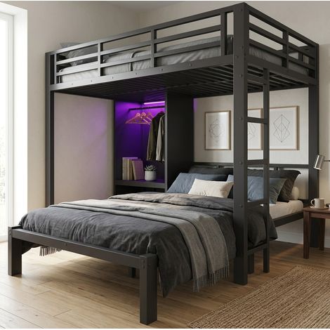 Lit superposé 120x200 cm en métal noir, armoire LED, gain de place, sans matelas – MEUBLIV (1/5)