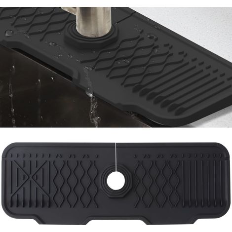 Alfombrilla de silicona Veki para grifos, protector antisalpicaduras para grifos de cocina, bandeja antigoteo para manijas de grifos, alfombrilla para fregadero para encimeras de cocina y baño (Negro,