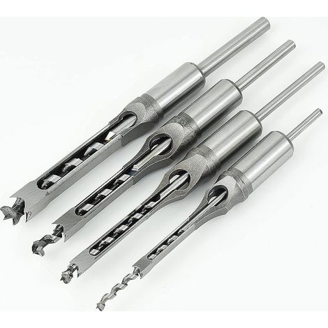 Lot de 4 Forets à Trou Carré, Bédanes Creux en Acier Outils de Menuiserie Set pour Scie Cloche Carrée Forets à Bois Trou Carré Foret Trou de Perçage Mortaiser Burin, 1/4", 5/16", 3/8", 1/2" (1/5)