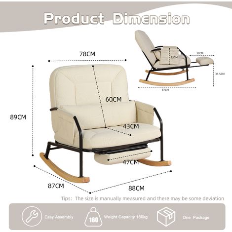 Fauteuil à bascule surdimensionné avec repose-pieds, coussin rembourré, dossier réglable, style ferme en bois métallisé, intérieur/extérieur, salon, chambre, balcon, véranda, velours côtelé, beige (1/5)