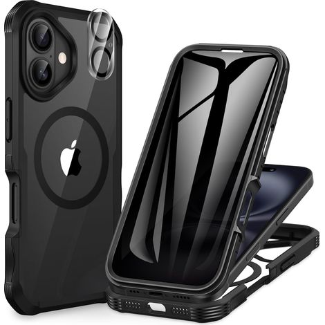 Magnétique Anti Espion Coque iPhone 16 Plus, Compatible avec MagSafe intégré Verre Trempé Protection écran et Protecteur Caméra, Antichoc Téléphone Housse Double Face Etui Intégrale - Noir (1/5)