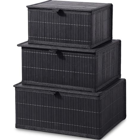 Panier Rangement avec Couvercle - Noire Boite Decorative Bambou pour Organiser, Lot de 3 Panier Osier et Doublure en Tissu Tissé pour la Maison, Cuisine, Salle de Bain (Grand/Moyen/Petit) (1/5)