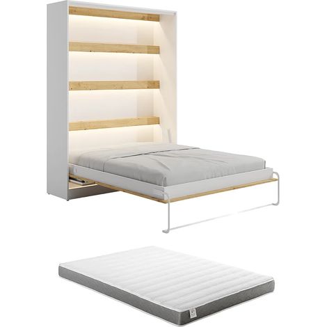 Lit escamotable 140 x 200 cm - Avec bureau pliable - Ouverture verticale manuelle - Avec LEDs - Blanc et naturel + Matelas - RAPILI (1/5)