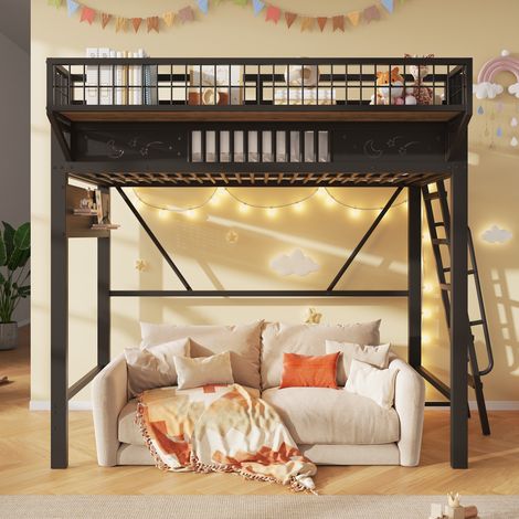 Lit mezzanine 90x200 cm avec rangements latéraux-Espace ouvert sous le lit-Échelle réversible-Motifs lune et étoiles-Métal noir (1/3)