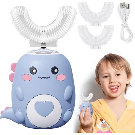 Brosse à dents électrique, pour enfants, garçons et filles, en forme de U, avec 3 têtes de brosse en silicone, étanche IPX7, pour enfants de 2 à 12 ans, bleue (1/5)