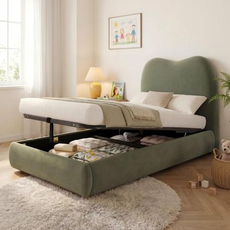 Green Velvet Upholstered Single Bed for Kids with Hydraulic Storage and Headboard-3ft 90x190cm