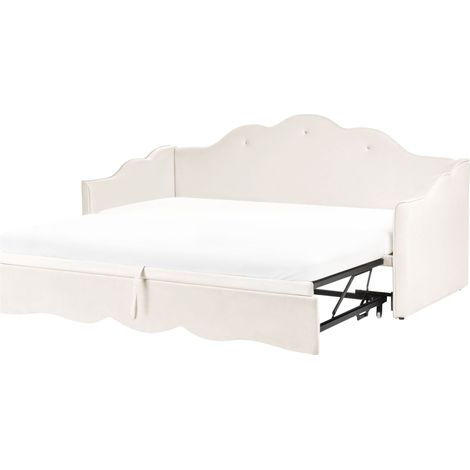 Lit Gigogne en Velours 90/180 x 200 cm Sommier à Lattes Rembourré Beige Clair Lorette (1/5)